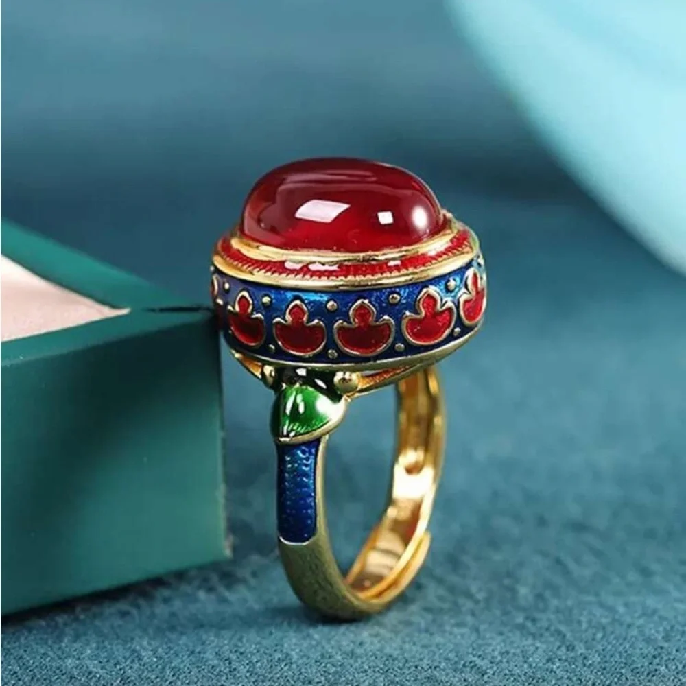 Ethnic Vintage Red Cabochon Enamel Ring
